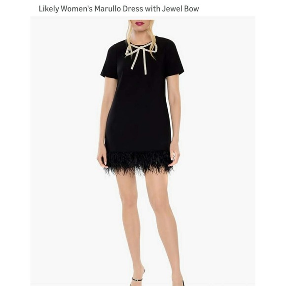 Likely Dresses & Skirts - Likely Marullo Dress Women 6 Black NWT Feather Trim Rhinestone Jewel Bow Mini